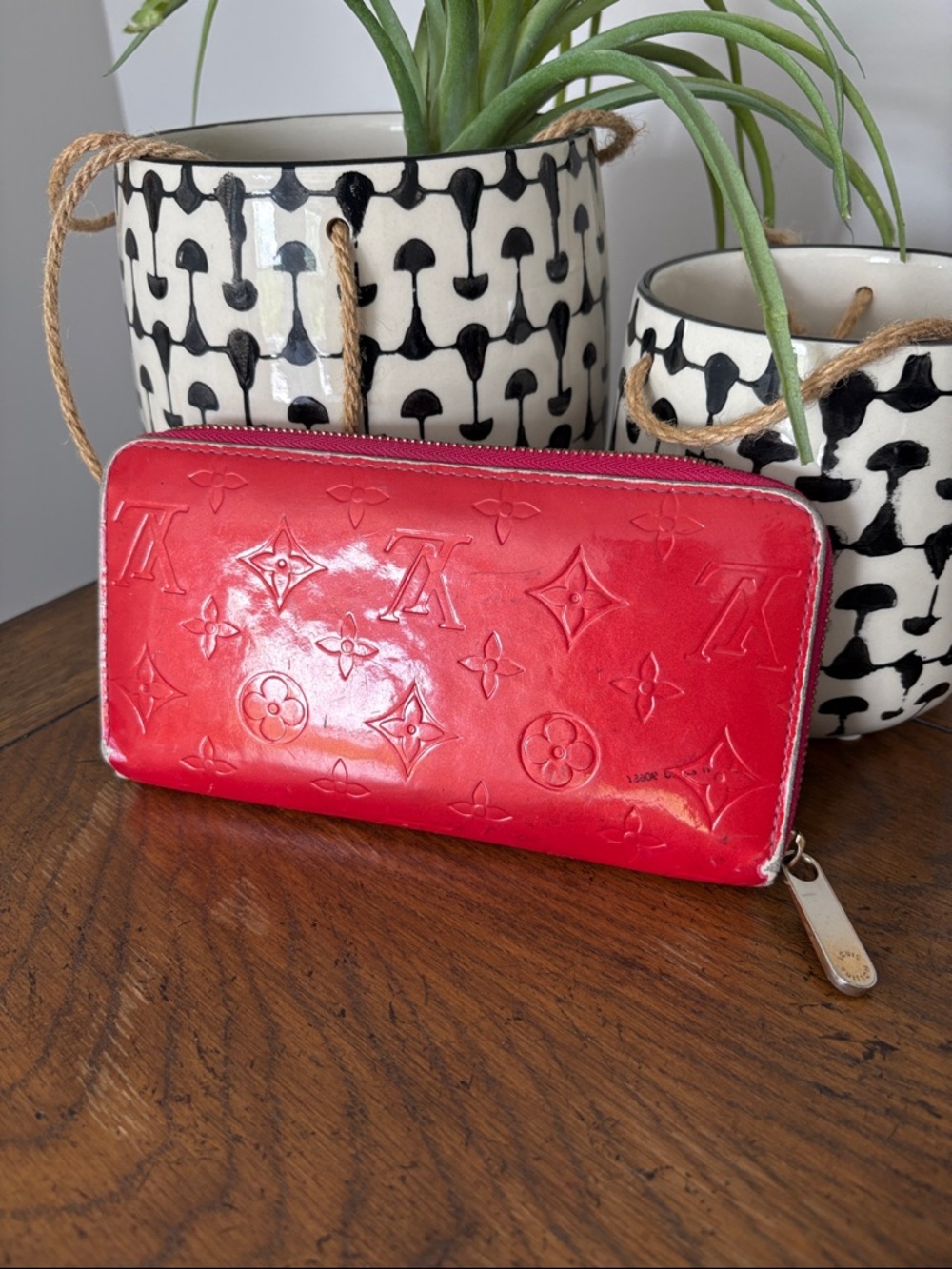 Louis Vuitton Patent Red Vernis Monogram Zip Wallet in Bright Red with Hot Pink